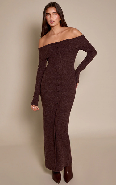  Prettylittlething Chocolate Ribbed Bardot Button Down Maxi Dress 