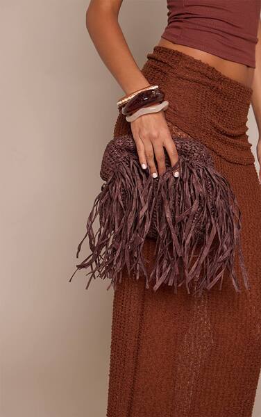  Prettylittlething Chocolate Slouchy Raffia Fringe Clutch 