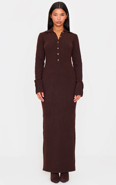  Prettylittlething Chocolate Soft Bobble Knit Button Up Collar Detail Maxi Dress 