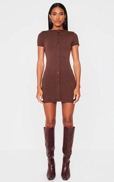  Prettylittlething Chocolate Soft Knit Button Through Mini Dress 