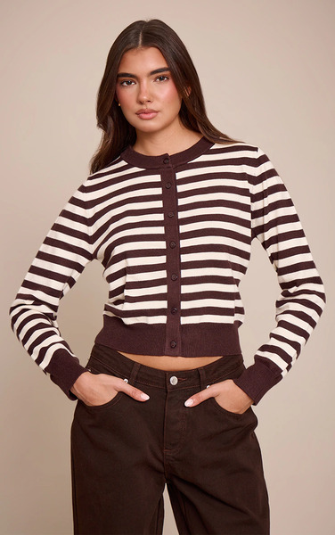  Prettylittlething Chocolate Striped Button Up Compact Knit Cardigan Sweater 