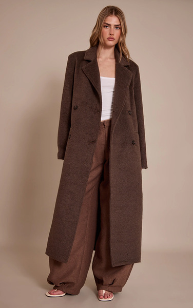  Prettylittlething Chocolate Structured Double Breasted Wool Look Maxi Coat 