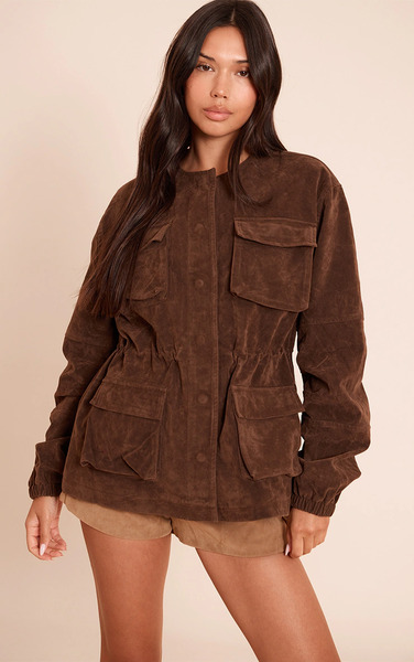  Prettylittlething Chocolate Structured Faux Suede Pocket Detail Adjustable Waist Jacket 