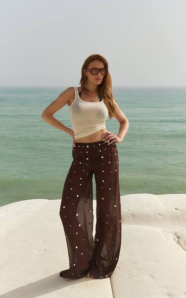  Prettylittlething Chocolate Studded Chiffon Straight Leg Trousers 