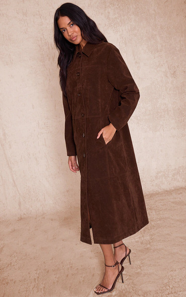  Prettylittlething Chocolate Suede Longline Button Coat 