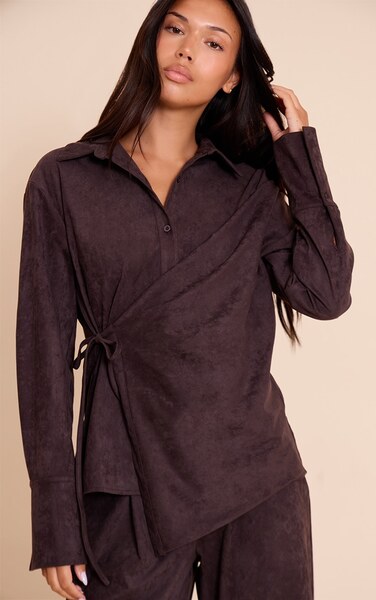  Prettylittlething Chocolate Suede Wrap Over Shirt 