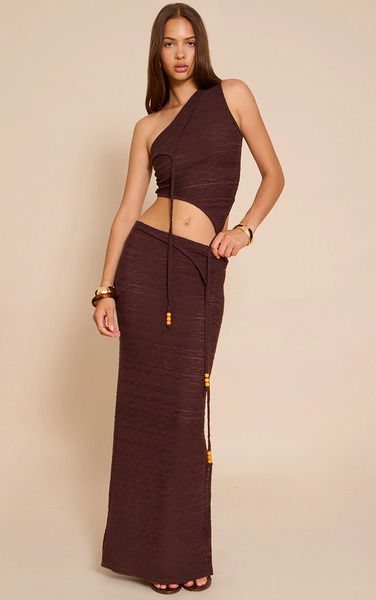  Prettylittlething Chocolate Textured Bead Asymmetrical Maxi Skirt 