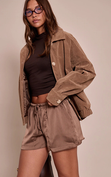  Prettylittlething Chocolate Textured Satin Drawstring Shorts 