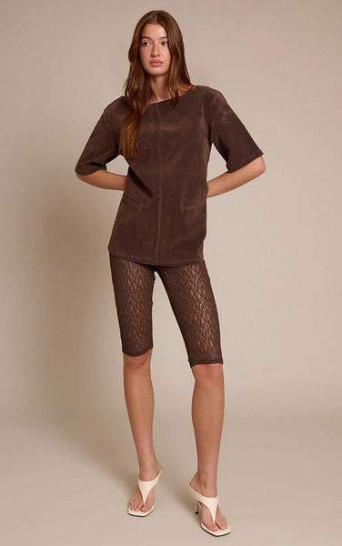  Prettylittlething Chocolate Textured Sheer Lace Capris 