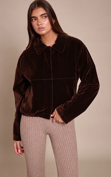  Prettylittlething Chocolate Velvet Bomber Jacket 