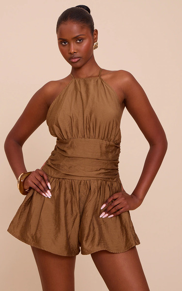  Prettylittlething Chocolate Woven Halter Neck Playsuit 
