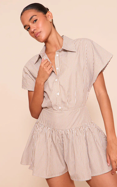  Prettylittlething Chocolate Woven Striped Cinched Playsuit 