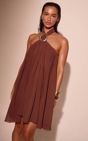  Prettylittlething Circle Trim Chiffon Beach Dress, Chocolate 