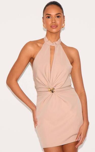 Prettylittlething Clay Woven Ruched Cut Out Mini Dress 