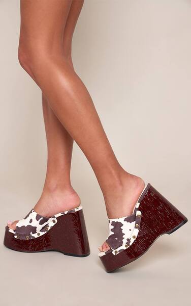  Prettylittlething Cow Print Faux Suede Studded Mule Wedges, Black 