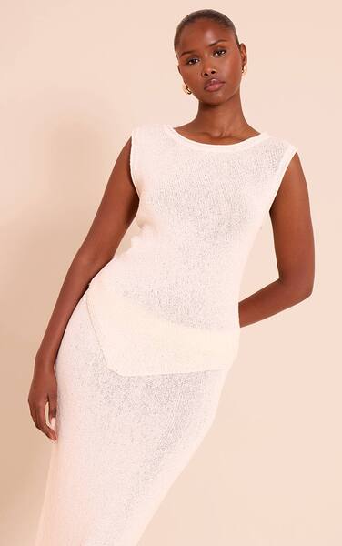  Prettylittlething Cream Asymmetric Bobble Knit Top 