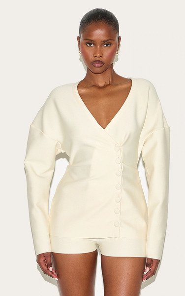  Prettylittlething Cream Bandage Button Up Cardigan Sweater Playsuit 