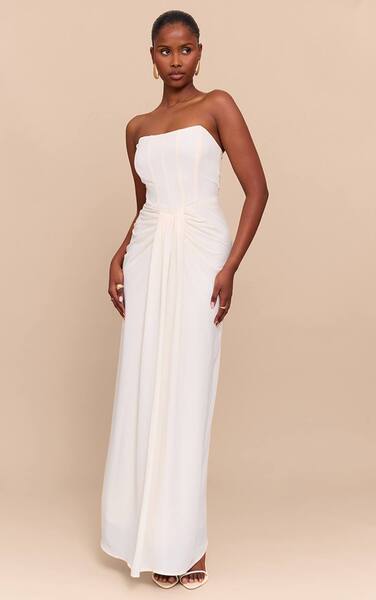  Prettylittlething Cream Bandeau Corset Drape Detail Maxi Dress 