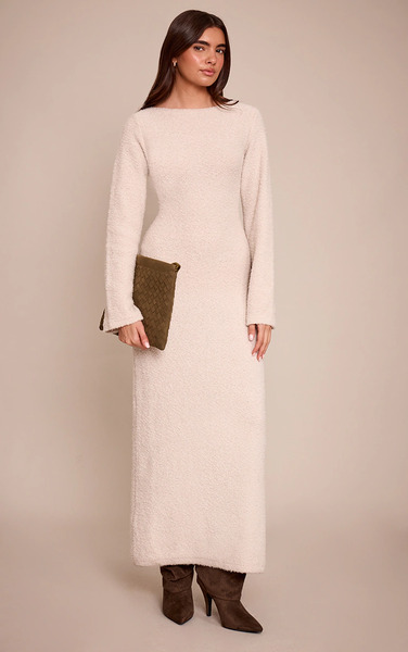  Prettylittlething Cream Bobble Knit Knitted Maxi Dress 