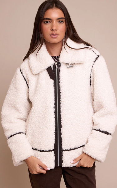  Prettylittlething Cream Borg Panel Detail Aviator 