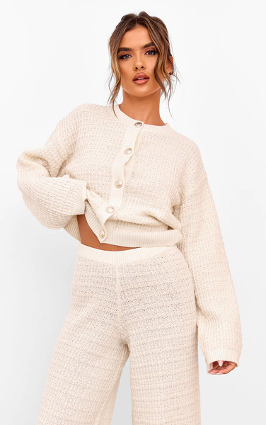  Prettylittlething Cream Boucle Knit Button Up Cardigan Sweater 