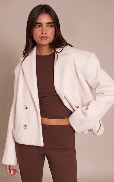  Prettylittlething Cream Brushed Wool Cropped Trench Coat 