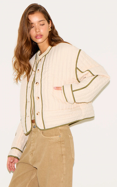  Prettylittlething Cream Button Up Round Neck Quilted Jacket 