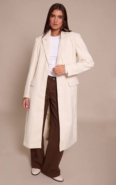  Prettylittlething Cream Checked Single Breasted Seam Detail Wool Look Maxi Coat 
