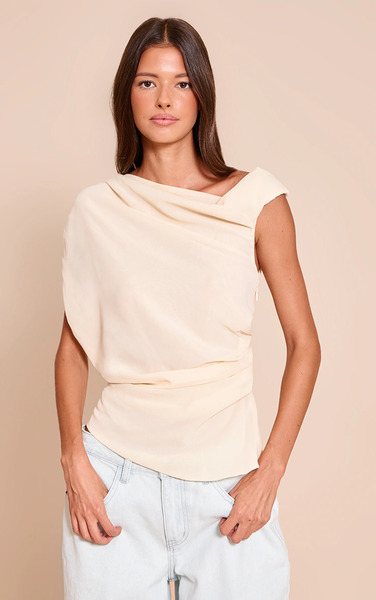  Prettylittlething Cream Chiffon Asymmetric Drapey Long Top 