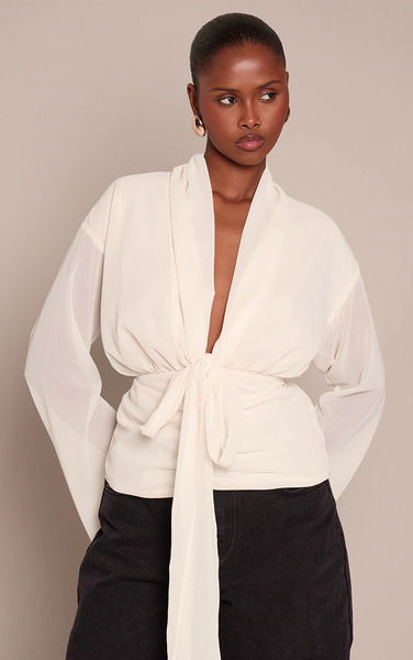  Prettylittlething Cream Chiffon Cinched Drape Detail Blouse 