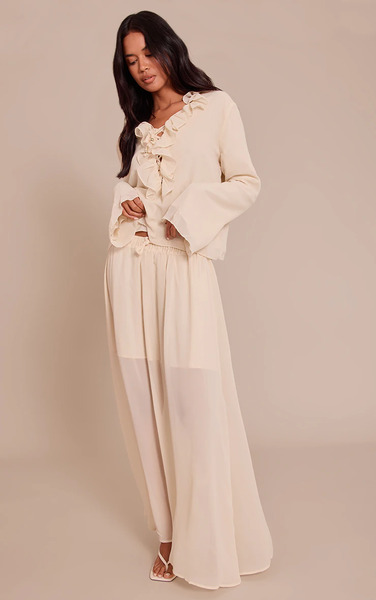  Prettylittlething Cream Chiffon Floaty Drawstring Maxi Skirt 