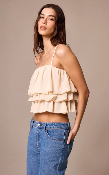  Prettylittlething Cream Chiffon Layered Puffball Cami Top 