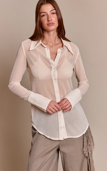  Prettylittlething Cream Chiffon Oversized Collar Button Down Fitted Shirt 