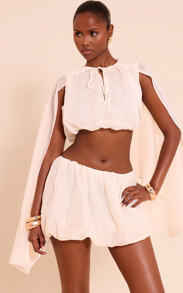  Prettylittlething Cream Chiffon Puff Ball Mini Skirt 
