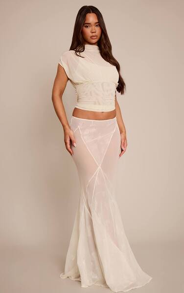  Prettylittlething Cream Chiffon Sheer Godet Maxi Skirt 