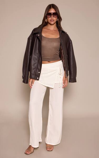  Prettylittlething Cream Chiffon Wrap Tie Overlay Trousers 