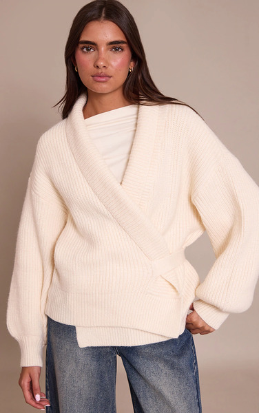  Prettylittlething Cream Chunky Knit Rib Wrap Cardigan Sweater 