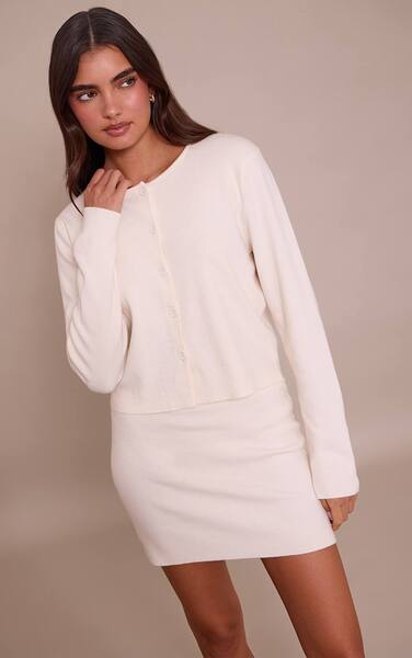  Prettylittlething Cream Compact Knit Collarless Cardigan Sweater 