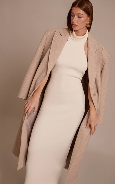  Prettylittlething Cream Compact Knit Halterneck Maxi Dress 