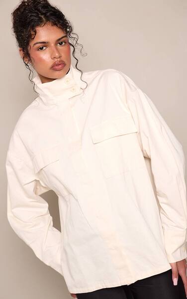  Prettylittlething Cream Cotton Funnel Neck Boxy Shirt 