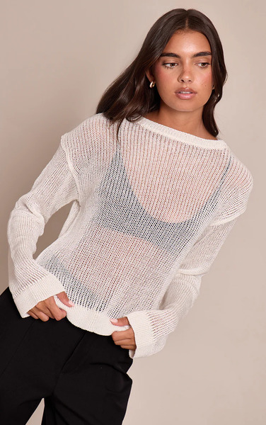  Prettylittlething Cream Filagree Knit Slouchy Jumper 