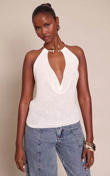  Prettylittlething Cream Gold Cuff Detail Knitted Top 