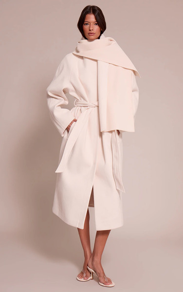  Prettylittlething Cream High Neck Scarf Wool Look Maxi Coat 