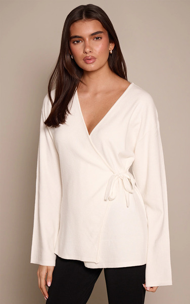  Prettylittlething Cream Long Sleeve Wrap Cardigan Sweater 