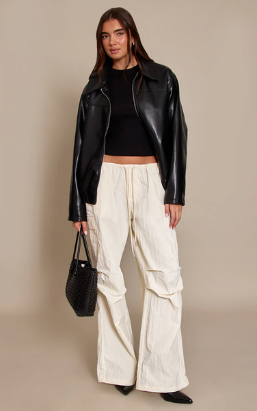  Prettylittlething Cream Parachute Oversized Cargo Pocket Trouser 