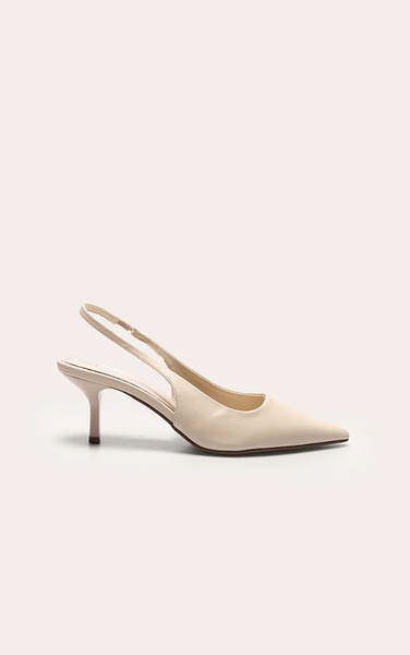  Prettylittlething Cream Pu Point Toe Sling Back Mid Heeled Courts 