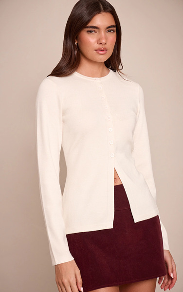  Prettylittlething Cream Rib Knitted Button Down Cardigan Sweater 