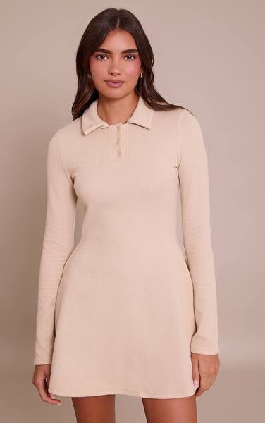  Prettylittlething Cream Ribbed Long Sleeve Shift Dress 