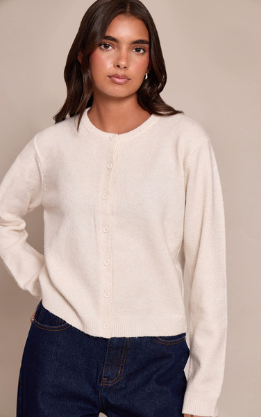  Prettylittlething Cream Round Neck Knit Cardigan Sweater 