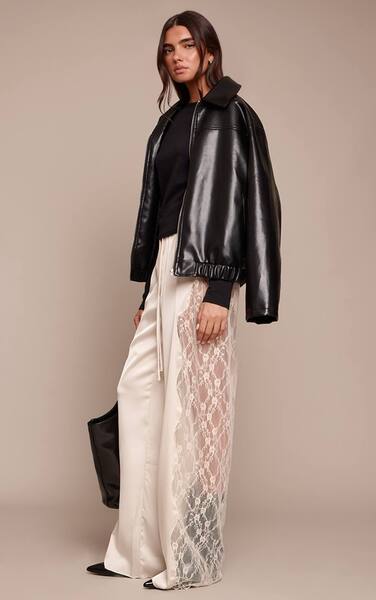  Prettylittlething Cream Satin Lace Drawstring Trousers 